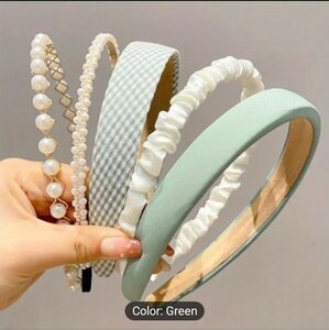 Elegant Green Ivory Pearls Headband 5pc Set